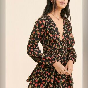 Free People|| Keep You Long Sleeve Mini Dress, Black and Rose Combo. size Small